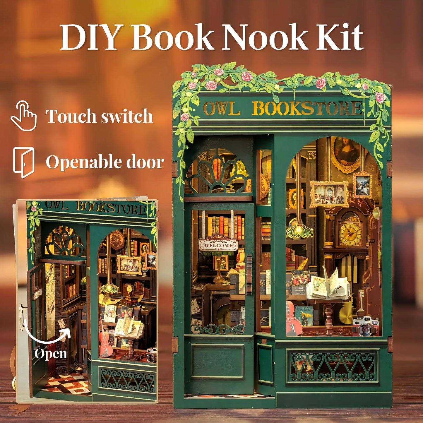 Fsolis Book Nook Kit, DIY Scene Miniature House Kit Tiny House Mini Booknook Craft Bookshelf Decor, 3D Puzzles for Adults, 139 Wooden Pieces, Scale Library Model, Gifts for Book Lovers(OWL Bookstore)