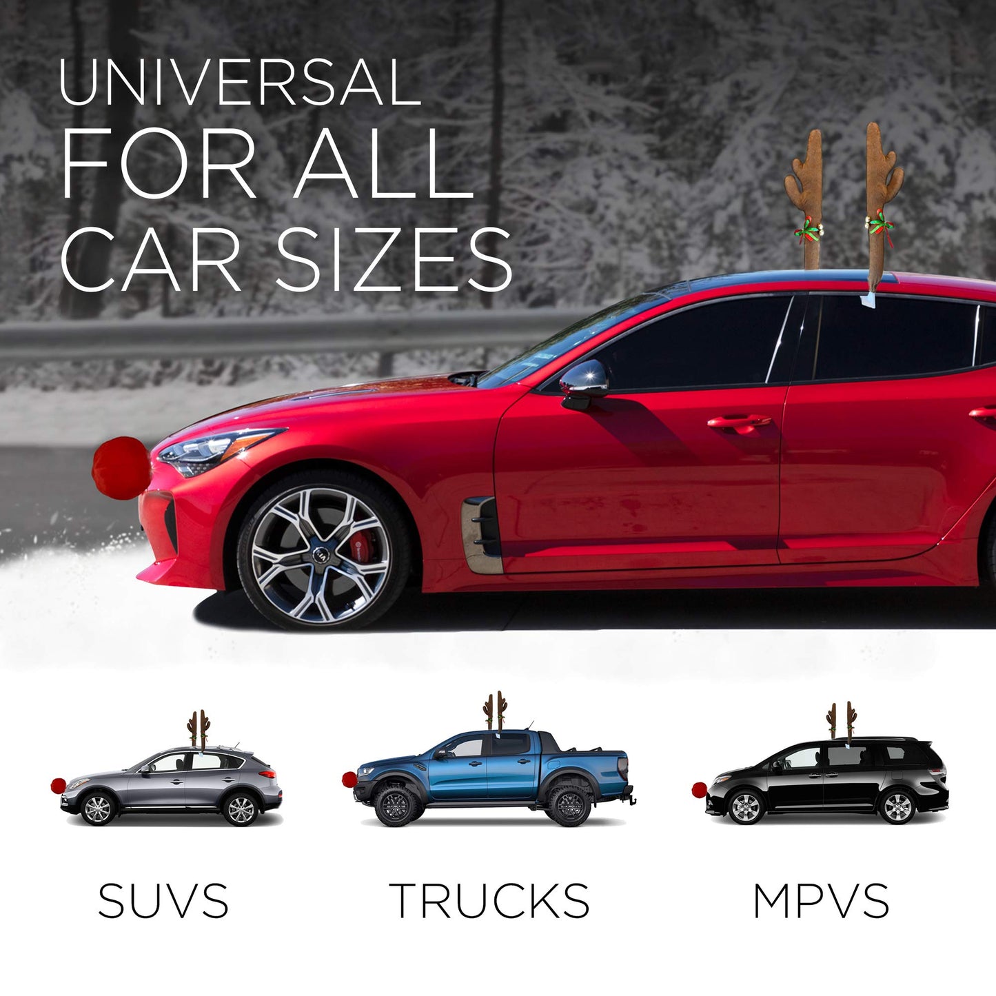 OxGord Car Reindeer Antlers & Nose - Christmas Decorations Best for Window Roof-Top & Grille Rudolph Reindeer Kit - Auto Holiday Accessories Decoration Kit Also for SUV Van Truck