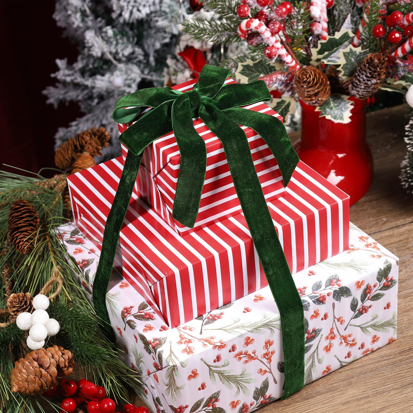 LaRibbons Reversible Christmas Wrapping Paper Jumbo Roll, Vintage Red Berries & Red Candy Cane Stripe Gift Wrap for Christmas, Season Party, Xmas, 30 Inch × 33 Feet