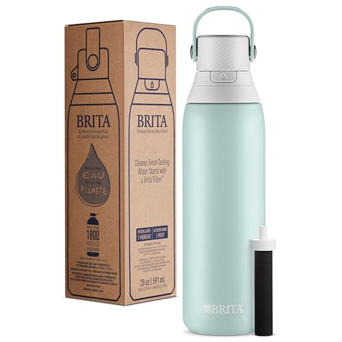Brita Insulated Filtered Water Bottle with Straw, Reusable, Christmas Gift and Stocking Stuffer For Men and Women, Stainless Steel Metal, Glacier, 20 Ounce