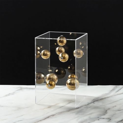 Modern Floating Sphere Sculpture in Acrylic Case - Geometric Gravity-Defying Decor with Stainless Steel Ball, 7" Tabletop Art for Living Room, Office & Boho Home (Cube/Rectangle) (Gold, Large)