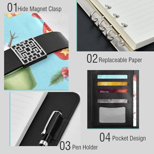 DIGTIA Christmas Santa Snowman Gifts PU Leather Notebook A5 Binder 6 Ring Refillable Journal with Magnetic Buckle Closure Loose Leaf Travel Office Planner Budget Binder Notepad Portfolio,