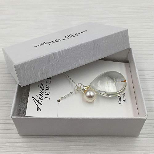 Popular Glass Dandelion Wish Pendant Necklace with Crystal Pearl Charm on 18 Inch Sterling Silver Chain, Beautifully Elegant Gift, by Aimee Tresor Jewelry