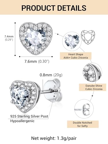 Birthstone Stud Earrings for Women 925 Silver Needle Diamond Heart Stud Earrings Cute Hypoallergenic Earring April Birthday Gift Jewelry