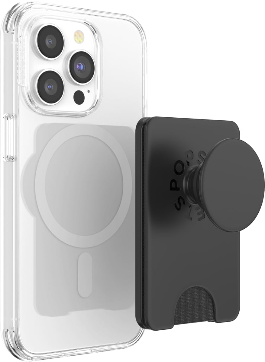 PopSockets Phone Wallet with Expanding Grip and Adapter Ring for MagSafe, Phone Card Holder, Wireless Charging Compatible, Wallet Compatible with MagSafe - Black