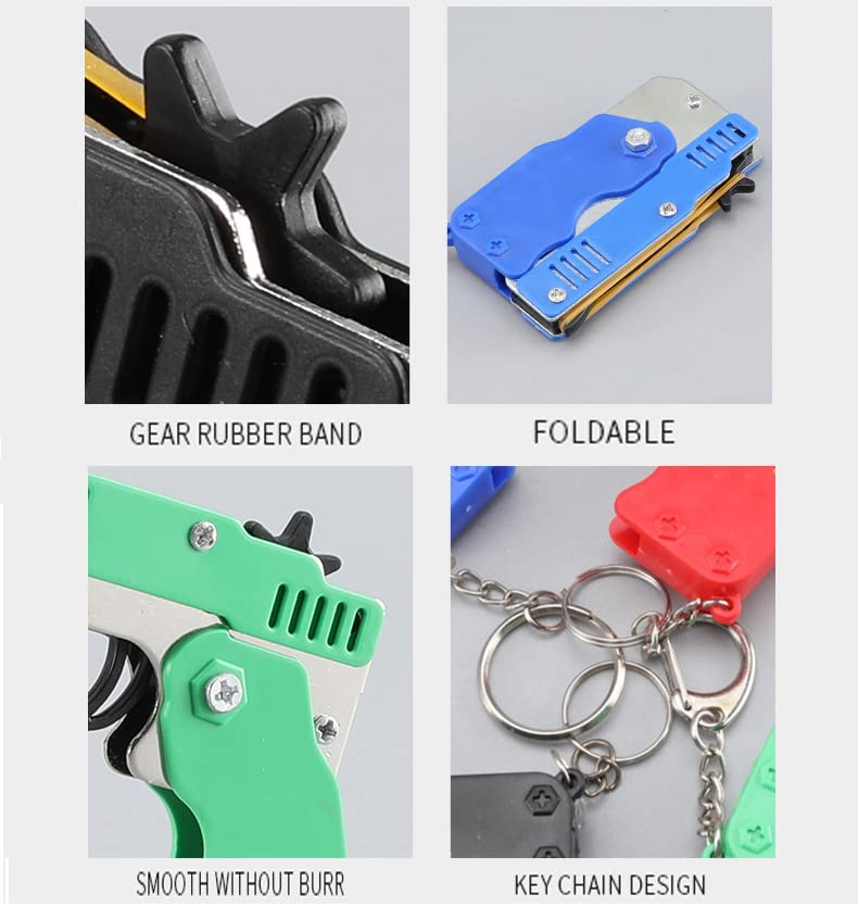 QKUDNGHY Kids Toys Cool Keychain Rubber Band Launcher Toy 4pcs Mini Metal Folding Rubber Launcher Toy with 240 Elastic Rubber Bands for Game Outdoor Activities (4 Colors)