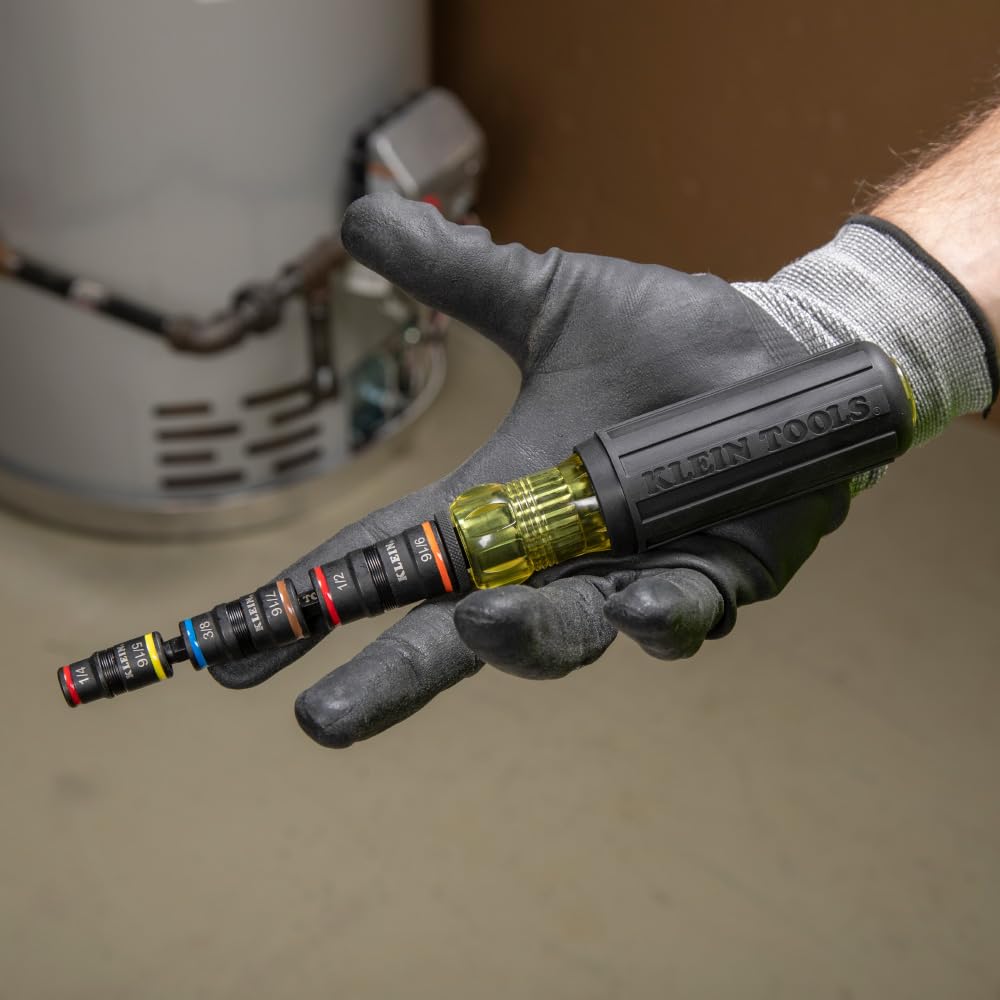 Klein Tools 32910 Impact Driver, 7-in-1 SAE Impact Socket Set with Handle, Flip Socket with 1/4, 5/16, 3/8, 7/16, 1/2 and 9/16-Inch Nut Driver Sizes and 1/4-Inch Bit Holder