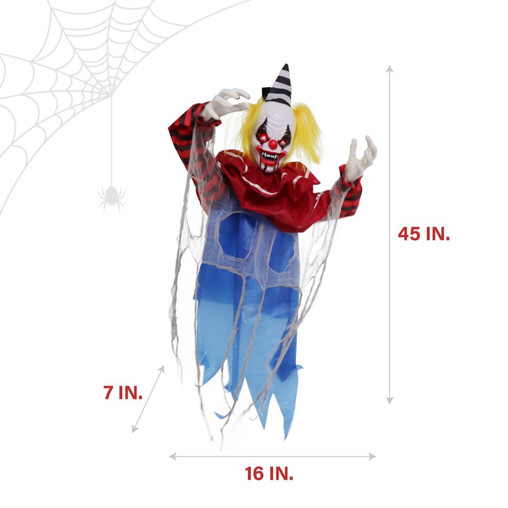 Haunted Hill Farm Animatronic Twisting, Talking Clown Greeter with Folding Door Hook for Scary Hanging Halloween Decoration