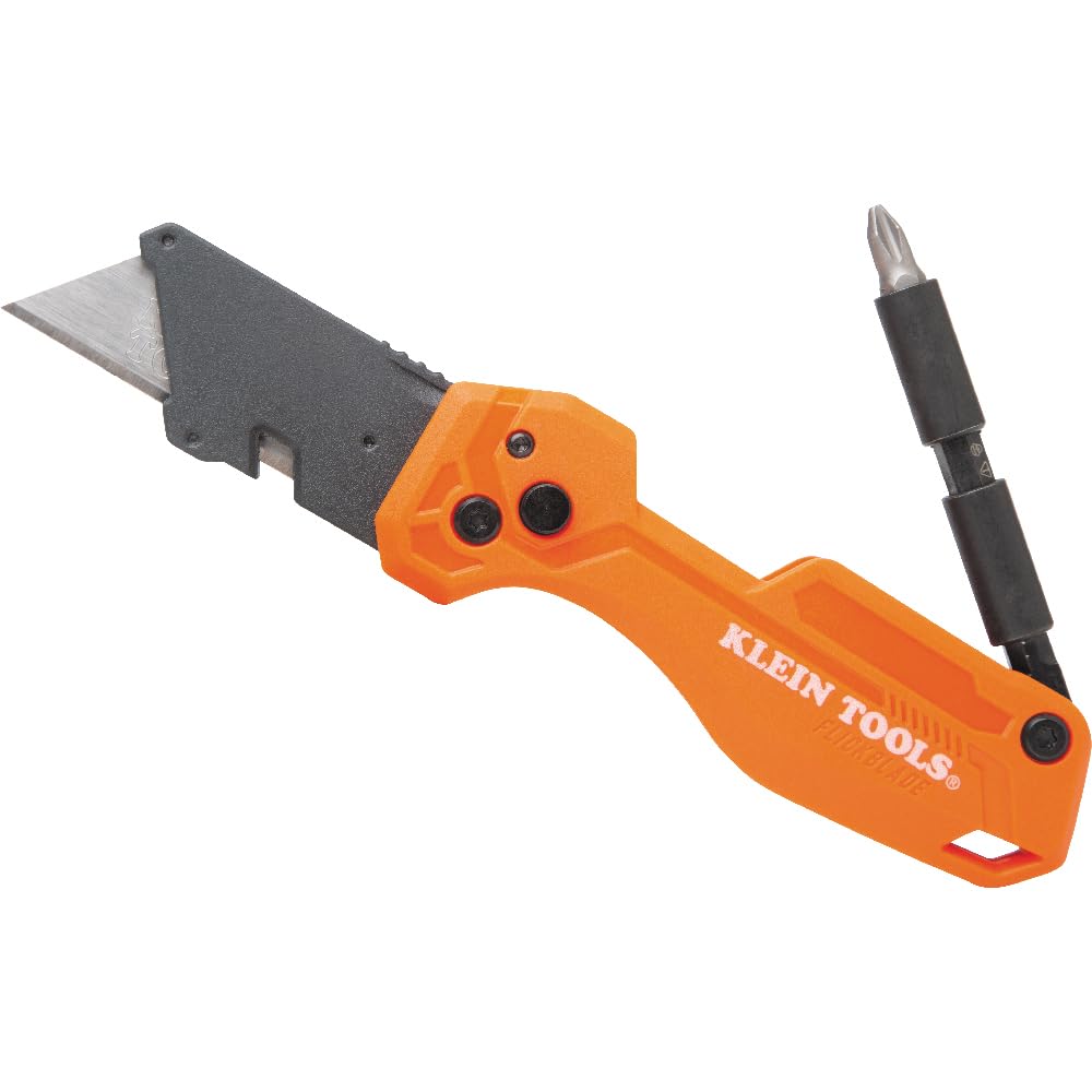 Klein Tools 44304 Folding FLICKBLADE Utility Knife, Compact, Removable Impact Driver, 1/4-Inch Nut Driver and #2 Phillips Bit