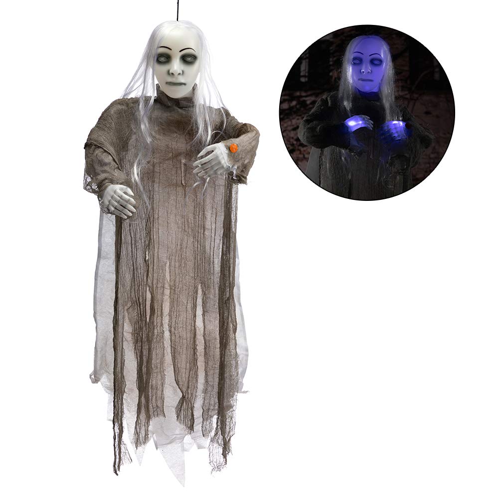 HollyHOME Animated Hanging Ghost with Glowing Head and Creepy Sounds Female Ghost Halloween Decorations Outdoor Haunted House Prop Decor 48 Inch