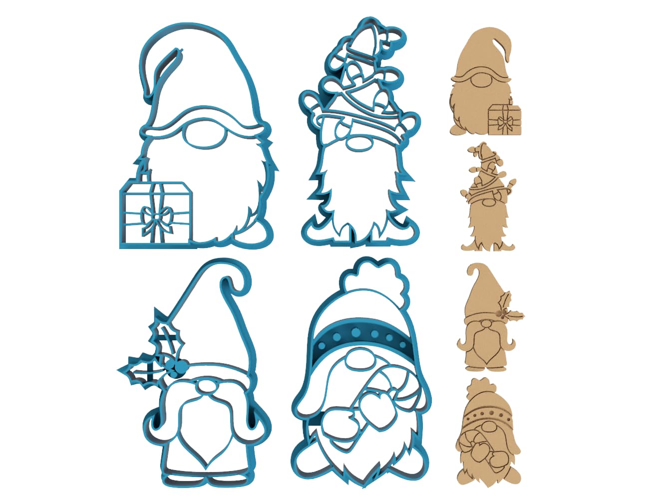 4 Piece Christmas Garden Gnome Cookie Cutter Set - Includes Gnomes with Lights, Gift, Holly and Candy Cane (4 Inch)