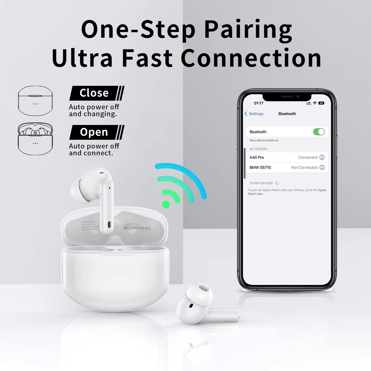 XIAOWTEK A40 Pro Wireless Earbuds, 50Hrs Playtime Bluetooth Earbuds Built in Noise Cancellation Mic with Charging Case, Bluetooth Headphones with Stereo Sound, IPX7 Waterproof Ear Buds for Phone