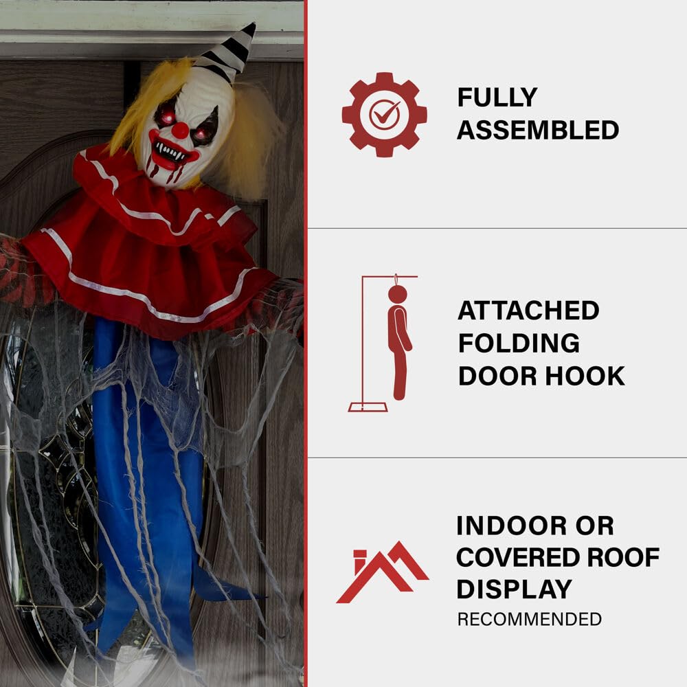 Haunted Hill Farm Animatronic Twisting, Talking Clown Greeter with Folding Door Hook for Scary Hanging Halloween Decoration