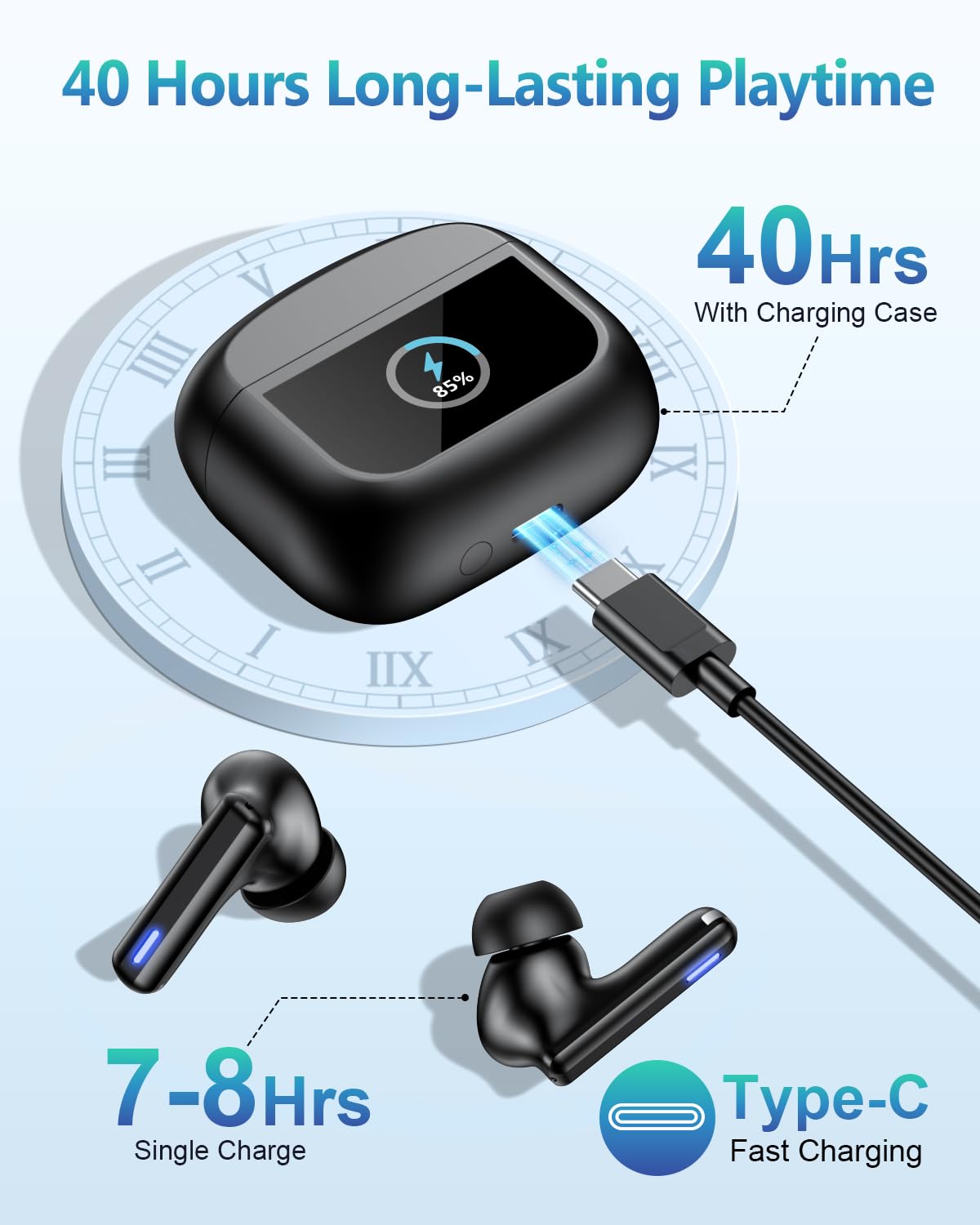 Wireless Earbuds Bluetooth Headphones, Ear Buds with Touch Screen, ANC ENC Noise Cancelling Transparency Mode, 40H Stereo Deep Bass, IPX7 Waterproof, Clear Calls, 5 EQ for iOS Android (Black)