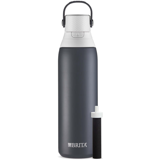 Brita Insulated Filtered Water Bottle with Straw, Reusable, Christmas Gift and Stocking Stuffer For Men and Women, Stainless Steel Metal, Carbon, 20 Ounce