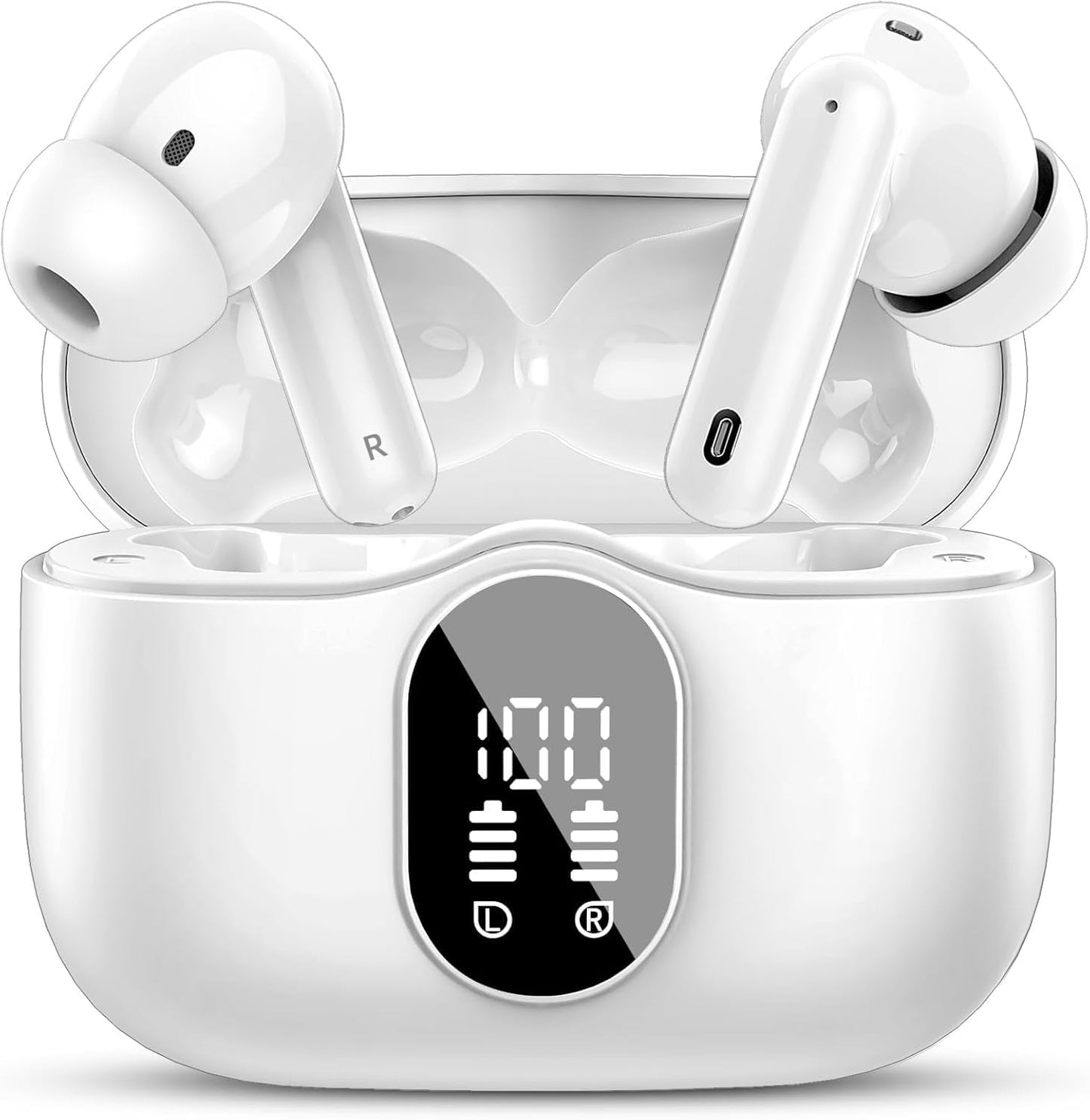 Wireless Earbuds, Bluetooth 5.4 Headphones Bass Stereo, Ear Buds with Noise Cancelling Mic, IP7 Waterproof in Ear Earphones, 36H LED Display Bluetooth Earbuds for Laptop Pad Phones Sports, White