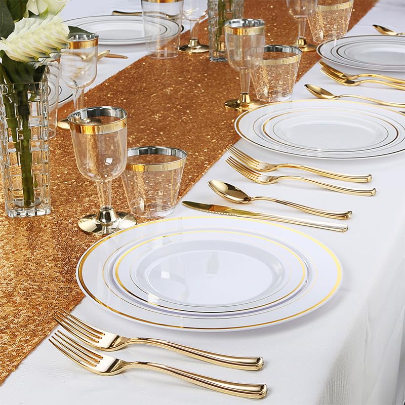 M MCIRCO 175 Piece Gold Dinnerware Set - 50 Plates - 25 Silverware - 25 Cups - 25 Paper Napkins, 25 Guest Disposable Gold Dinnerware Set