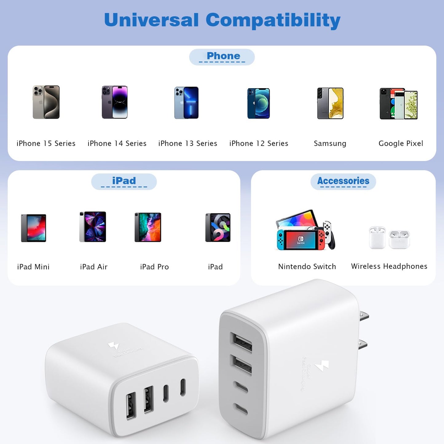 iPhone 16 Charger Cube Block,40W 2Pack 4Port PD USB C Charger Block Power Adapter+QC Wall Charging Plug Fast Charging Cube Multiport Brick for iPhone 16 Pro Max/iPhone 15/14/13/12/iPad Pro/Air/Samsung