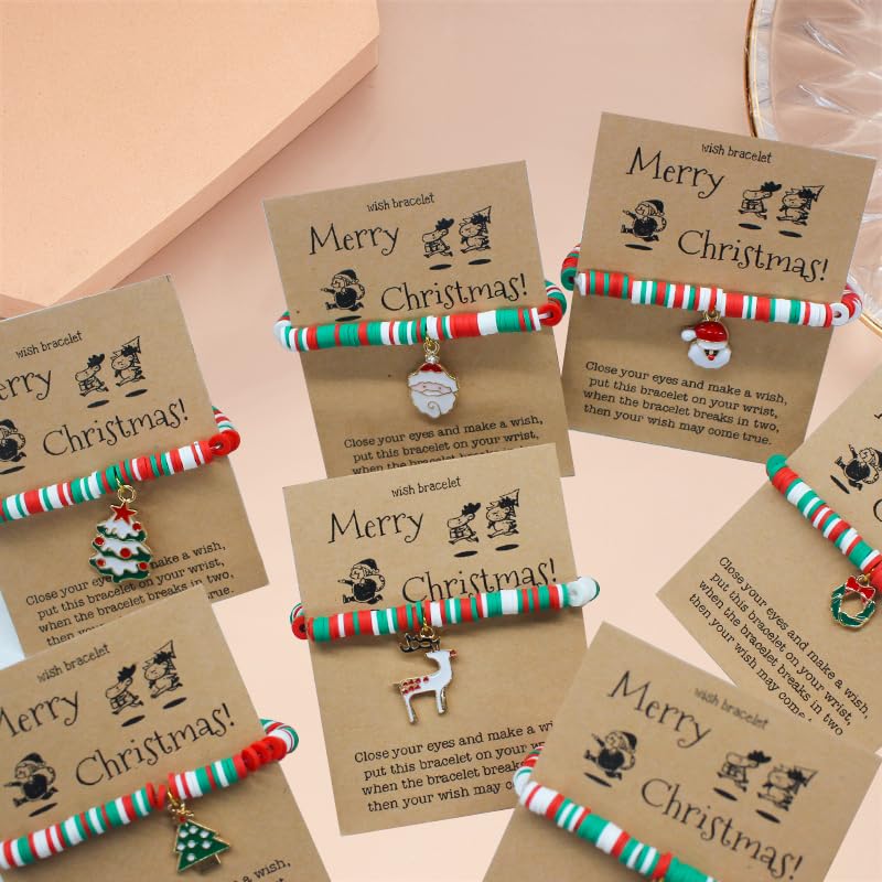 VALIJINA 7 Pcs Christmas Bracelet Set Stretch Bracelets with Christmas card Heishi Surfer Christmas Bracelets bulk bracelets for Women xmas gifts