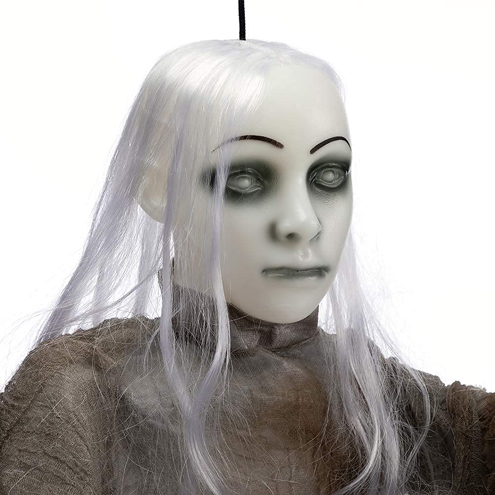 HollyHOME Animated Hanging Ghost with Glowing Head and Creepy Sounds Female Ghost Halloween Decorations Outdoor Haunted House Prop Decor 48 Inch