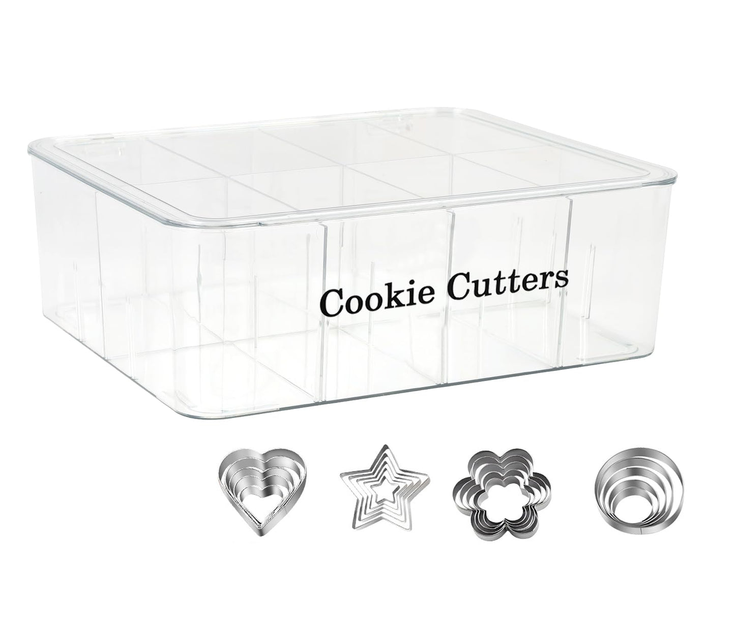 Yomjarl Cookie Cutter Tool Storage Box,Cake Decorating Supplies Accessories Bins,Baking Storage Containers,Transparent Dustproof Lid,biscuits Cutter Organizer Storage with 8 Adjustable Compartment