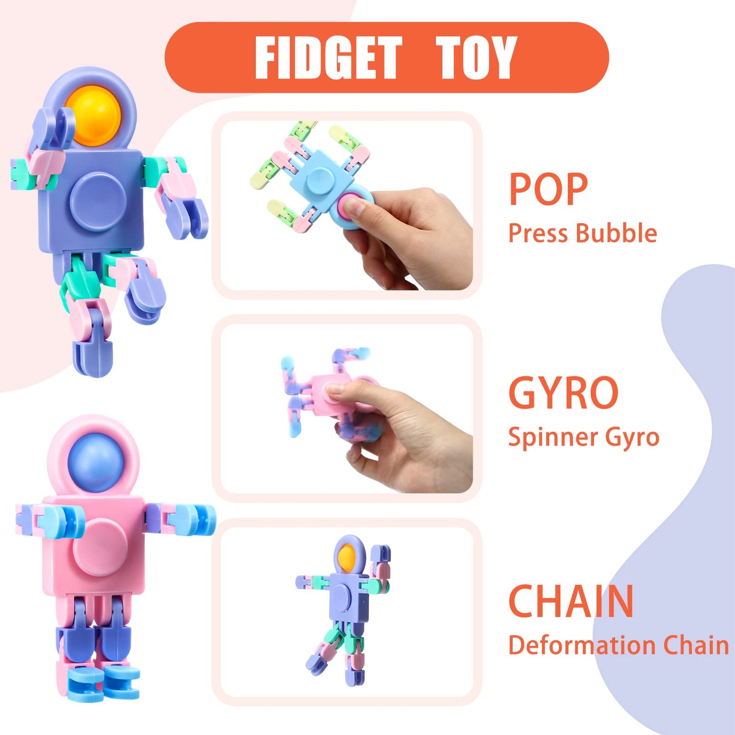 Hanaive 24 Pcs Robot Fidget Spinners Transformable Fingertip Gyro Chain Toy Deformable DIY Stress Relief Fidget Sensory Toys Adults Piñata Goodie Bag Birthday School Gift
