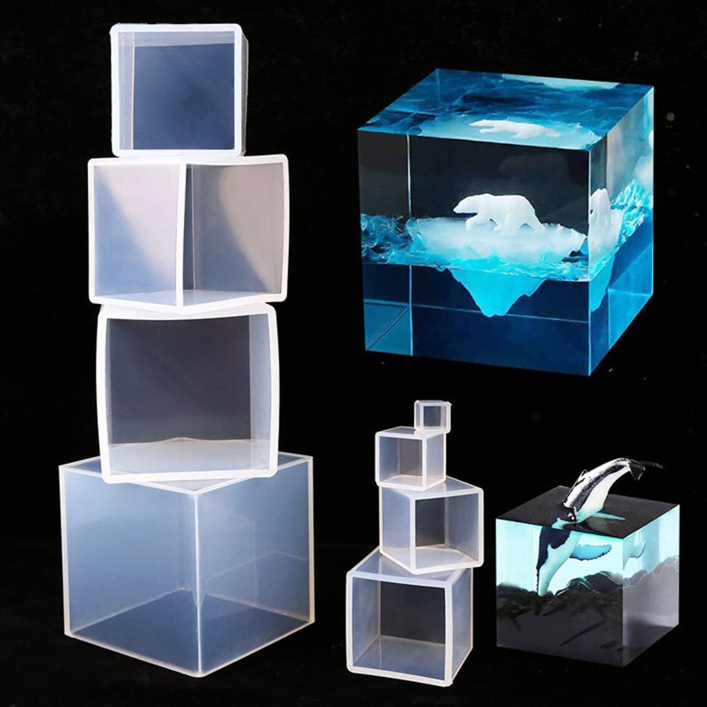 RESINWORLD Set of 4, 3", 2", 1.5", 1", 0.5" Clear Silicone Cube Molds, Large Deep Square Epoxy Resin Mold, Transparent Cube Silicone Molds for Resin Casting