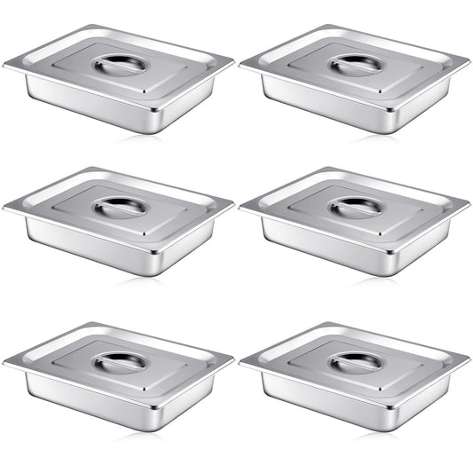 Mifoci Stainless Steam Hotel Pan with Lid, 2-1/2 Inch Deep Steam Table Pan Restaurant Supplies Reusable Anti Rust Catering Storage for Home, Party, Restaurant, Hotel, Buffet(6 Sets,1/2 Size)