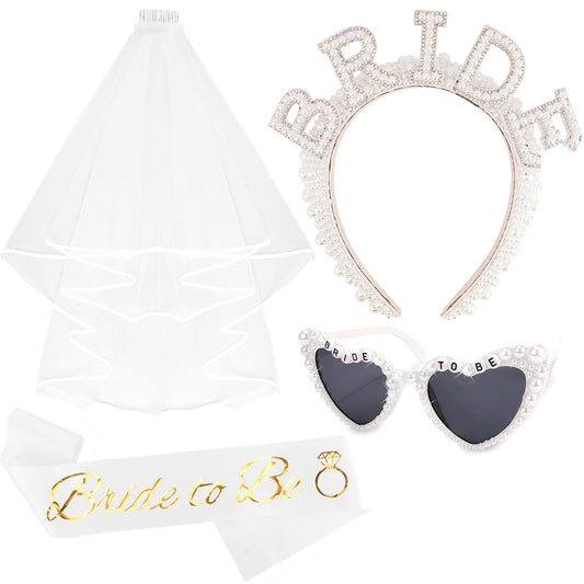 KICOSY 4PCS Bridal Set - Bride Headband, Heart-Shaped Sunglasses, “Bride to Be”Sash & Veil - Bachelorette Party, Bridal Shower, Wedding Photos & Ceremony