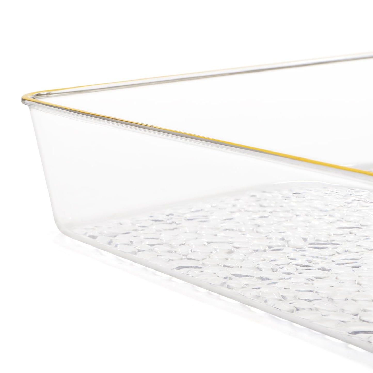 Cididu 4 Pack Clear Serving Trays, Deep Serving Platters Rectangle 12'' x 8'', Decorative Tray with Gold Rim, Reusable Plastic Tray Organizer for Coffee Table Pantry Party Food Display Spill Proof