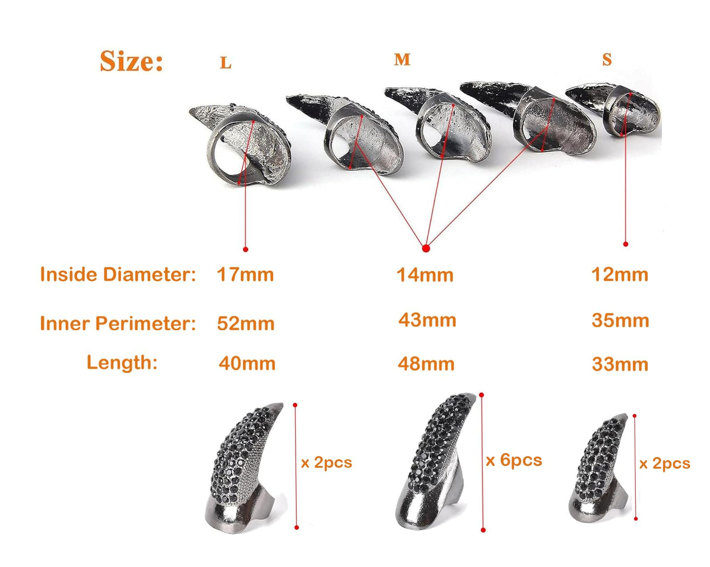 10 Pcs Halloween Costume Claws Fake Nails Ring Set, Bestga Gothic Punk 3 Sizes Crystal Full Finger Rings Paved Paw Bend Fingertip Fingernail Claw Girls Women Men Ring False Easy Long Nails (Black)