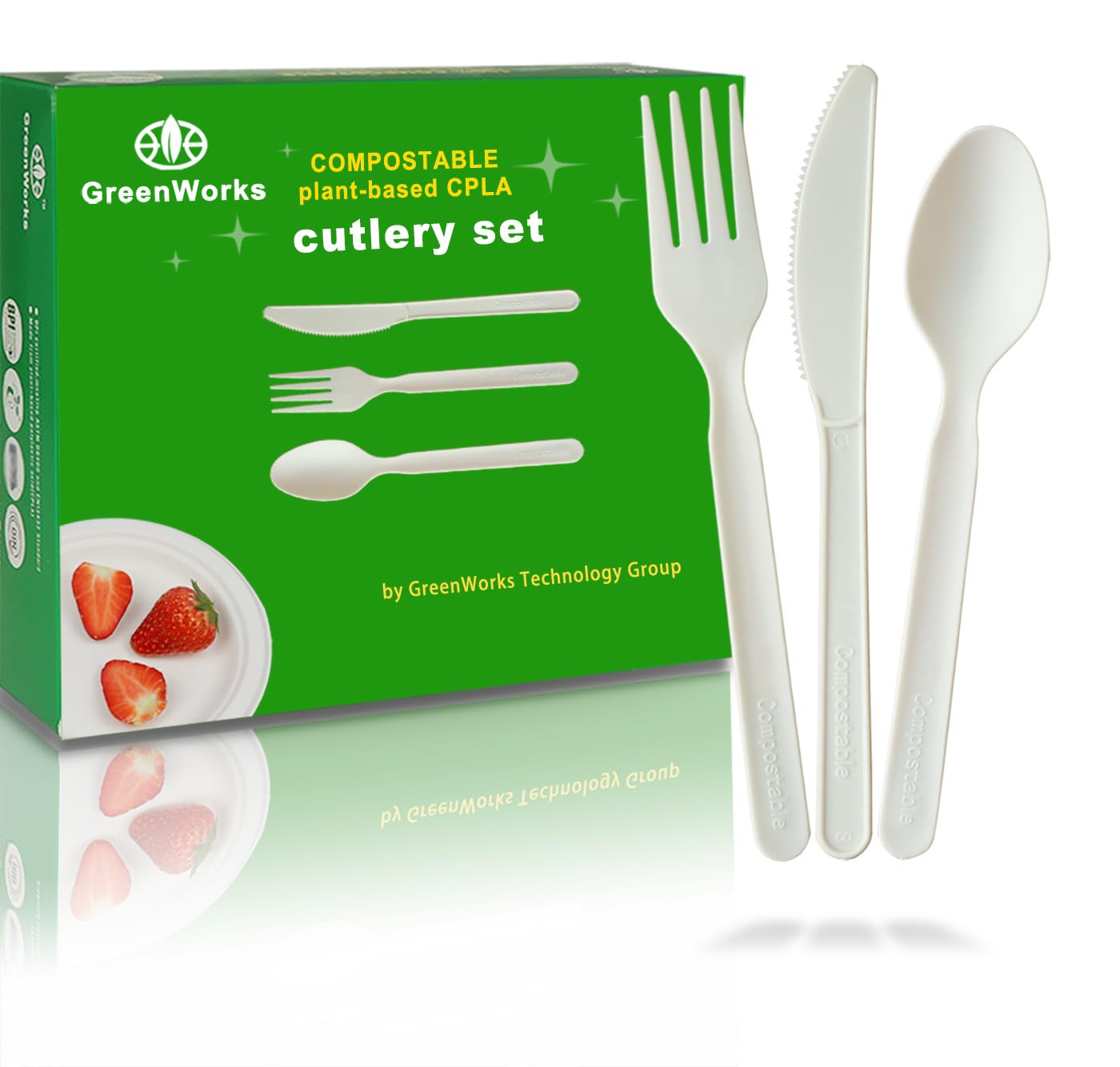GreenWorks 150 Count 7" Heavy-duty Compostable Utensils,50 Forks 50 Spoons 50 Knives Cutlery Set,BPI Certified Large Disposable Flatware Set
