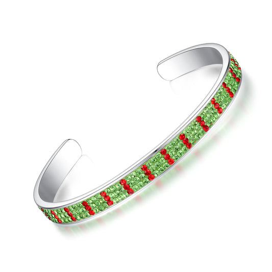 MUYUU Christmas Cuff Bracelet, Silver Plated Red and Green Bracelet, Sparkly Crystal Bracelet For Women Fashion Jewelry