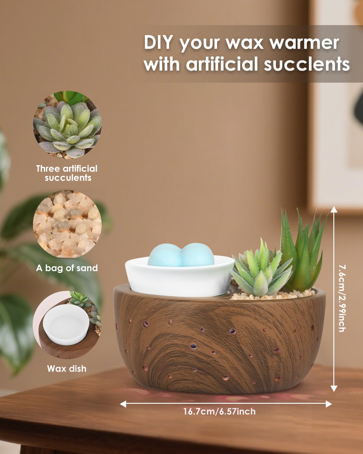 LUXARAPY Ceramic Wax Melt Warmer, 4-in-1 Electric Wax Warmer with PTC Heating Plate and LED Lighting, Succulent Bowl for Wax Melting, Mug Warming, Oil Diffusion, Home Office Spa Decor