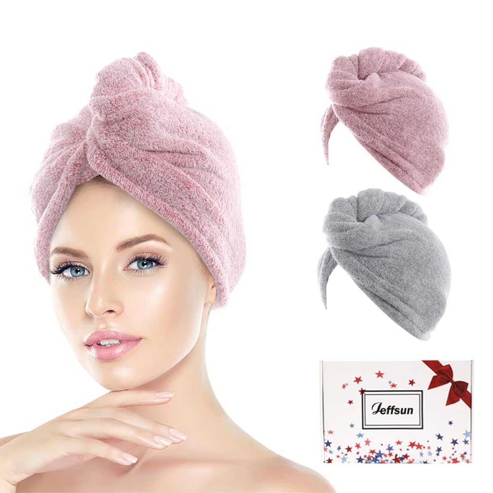 JEFFSUN Microfiber Hair Towel Wrap, Stocking Stuffers for Girls, 2 Pack Super Absorbent Quick Dry Wet Hair Turban for Drying Curly, Long, Thick, Frizzy Hair, Womens Hair Care Routine Must Have