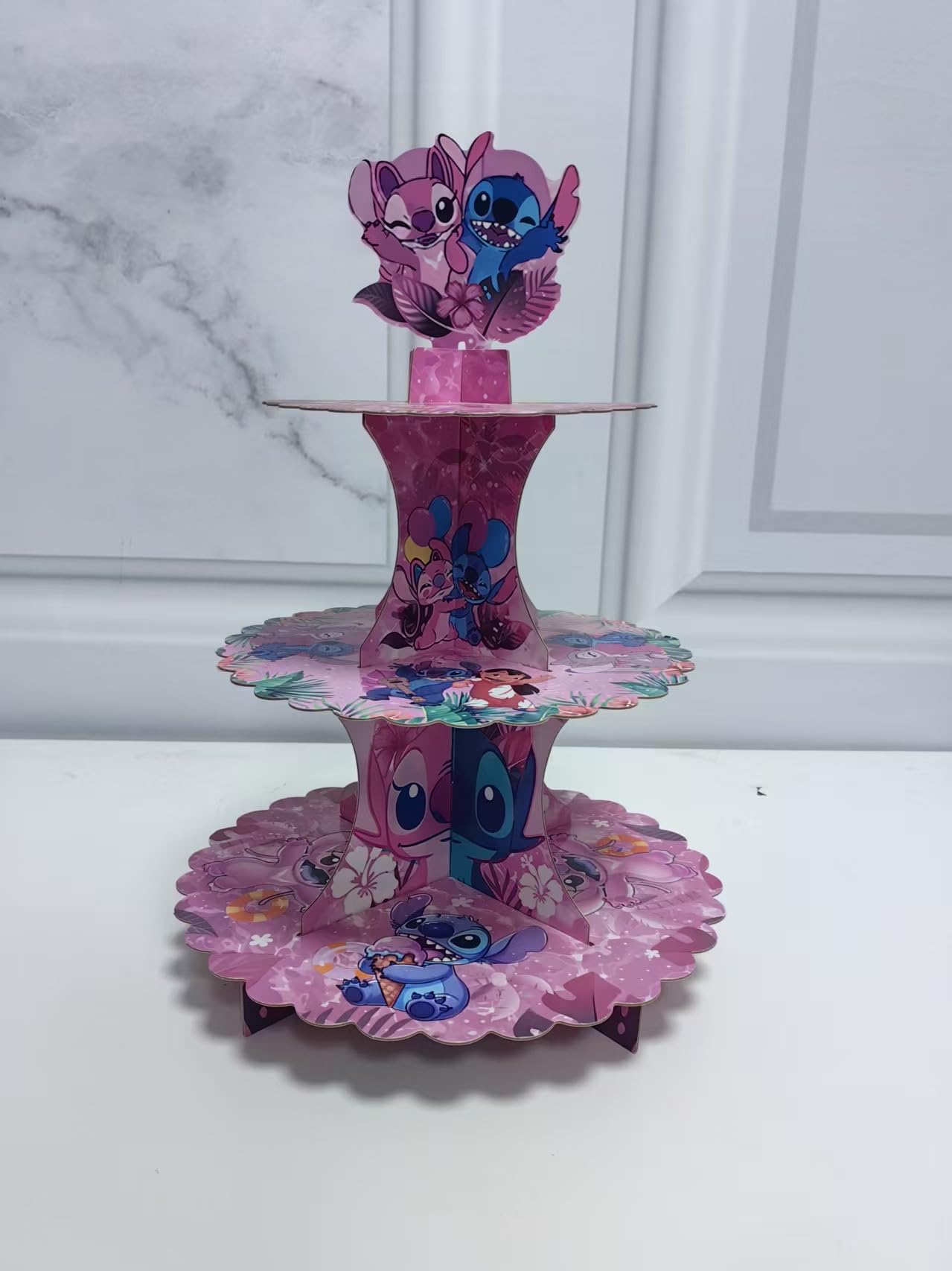 3-Tier Cupcake Stitch Pink Stand with 24Pcs Cupcake Toppers Stitch Birthday Decoration Party Supplies