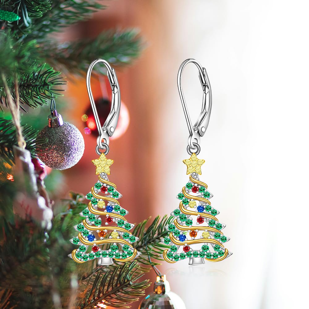 Christmas Earrings Christmas Tree Earrings for Women Sterling Silver Ribbon Green Xmas Tree Colorful Zircon Winter Dangle Studs Holiday Jewelry Gifts