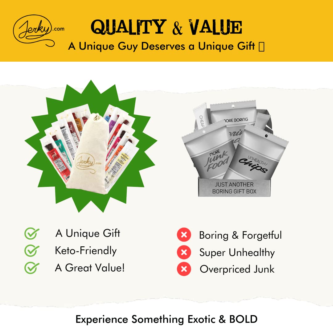 Jerky.com Exotic Meat Sticks Gift Bag | Wild Game Jerky Sampler with Venison, Elk & Wild Boar | 12pc High Protein Meat Snacks Variety Pack | Unique Gift Basket for Men, Dad, Hunters, Outdoorsmen