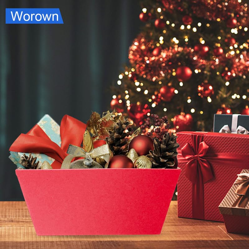 Worown 6 Pack Red Cardboard Basket for Gifts Empty, 8 x 10 Inch Kraft Basket Kit with Bags and Pull Bows for Packing Gift on Easter, Christmas, Birthday, Wedding