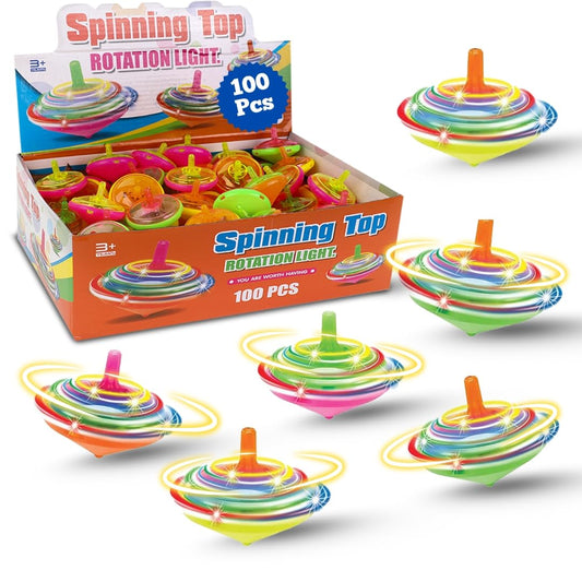 100 Pieces LED Light Up Flashing Mini Spinning Tops with Gyroscope - Kids Novelty Bulk Spin Toys Party Favors Bundle Pack Multicolored