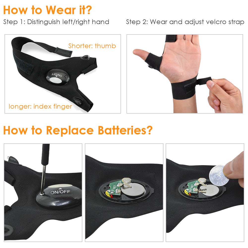 HANPURE LED Flashlight Gloves Stocking Stuffers for Adults Men Christmas Birthday Gift Idea for Dad Husband Him Boyfriend (2 Pack(with Replaceable Batteries))