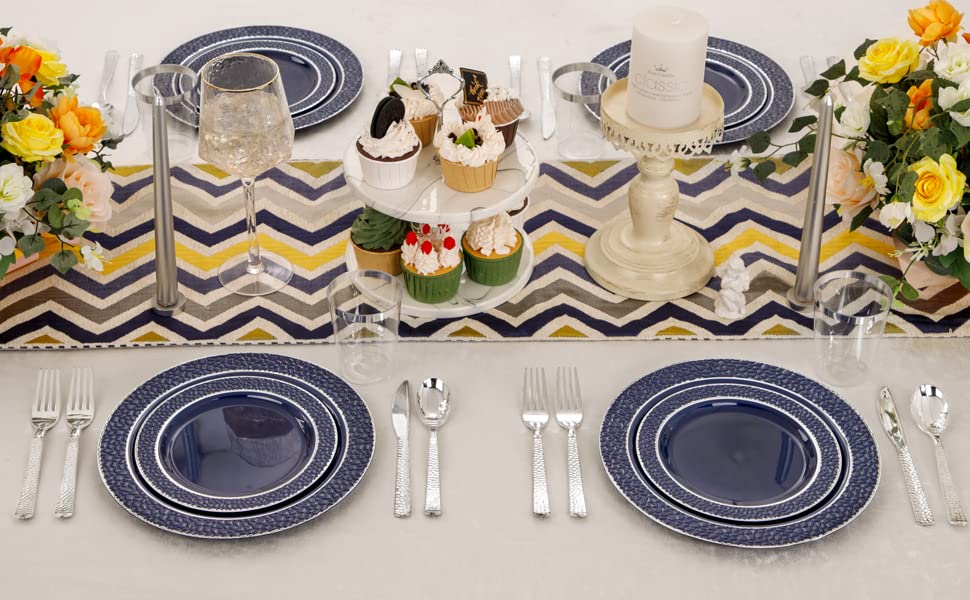 Ciaell 150 PCS Blue and Silver Plastic Plates - Blue Disposable Plate include 50 Plates, 25 Knives, 25 Forks, 25 Spoons, 25 Cups for Weddings & Party & Graduation