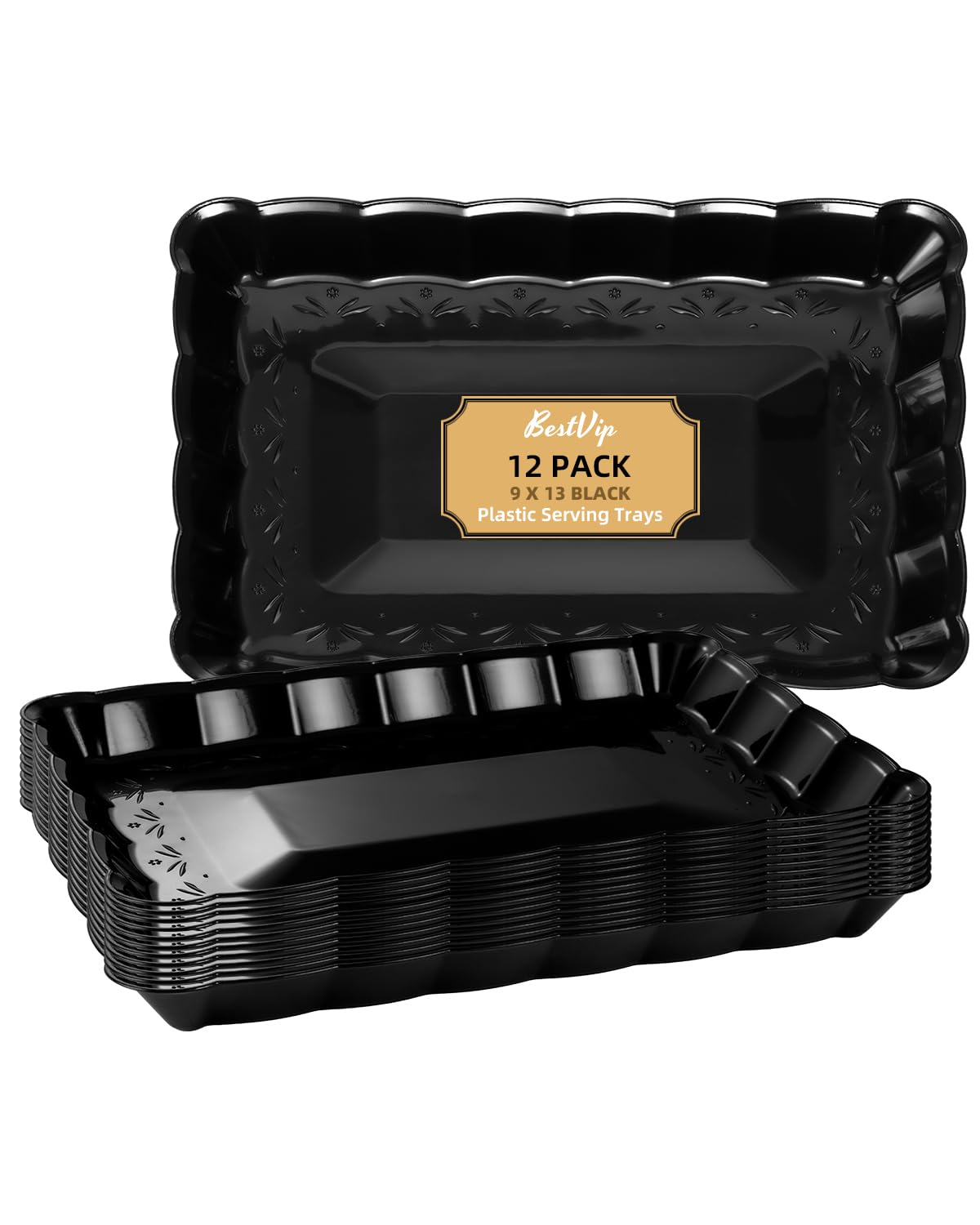 BESTVIP Black Plastic Serving Trays -12 Pack 9x13 Rectangle Flower - Edged Platters for Events, Weddings, Daily Meals, Parties, Snacking, Crafting & Pet Feeding