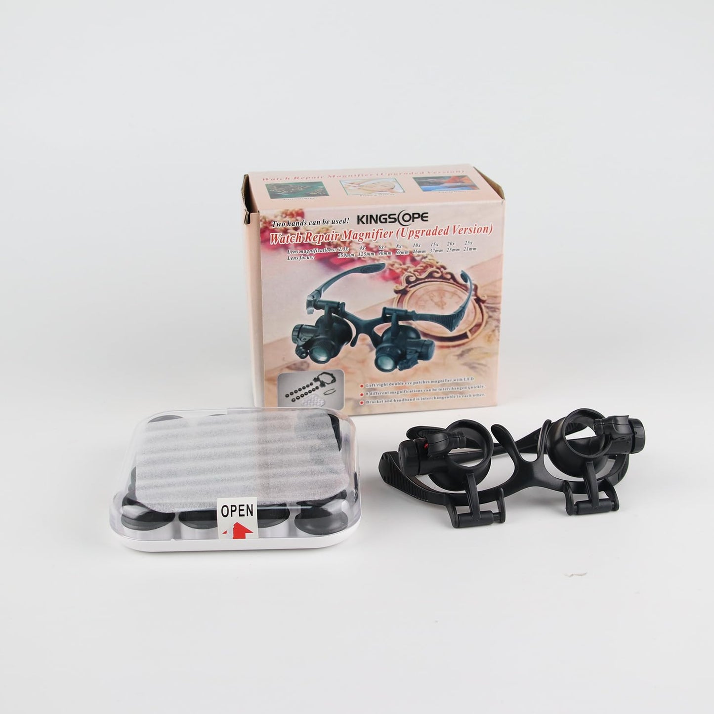 Kingscope LED Illuminated Double Eye Jeweler Watch Repair Magnifying Glasses Loupe Headband Magnifier -8 Interchangeable Lens: 2.5X/4X/6X/8X/10X/15X/20X/25X