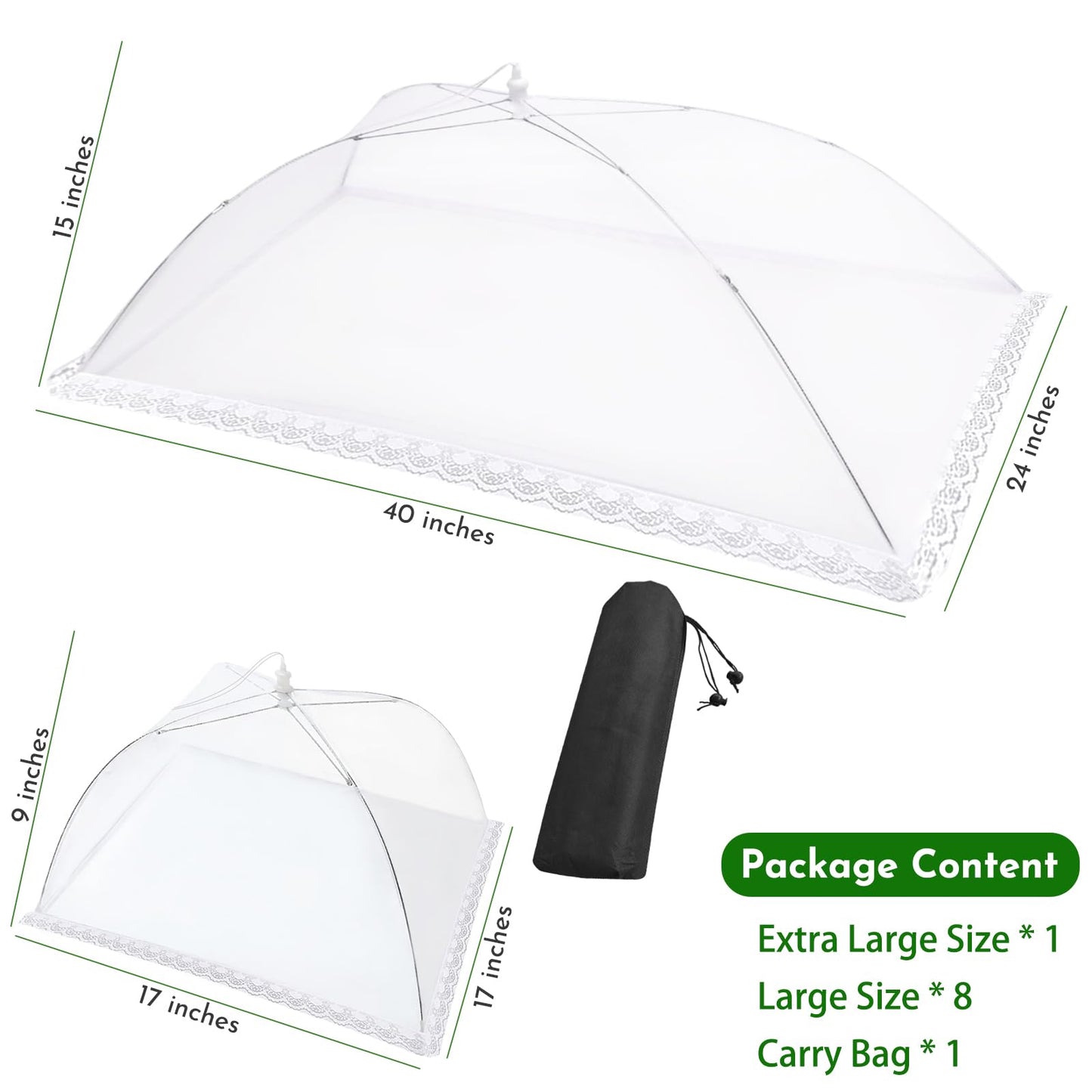 Mesh Food Covers for Outside - 9 Pack Upgraded 1 Extra Large 40x24 in & 8 Large 17x17 in Food Tent Food Cover Outdoors Party Collapsible Picnic Nets Umbrella Mesh Screen Pop Up Food Dome (White)