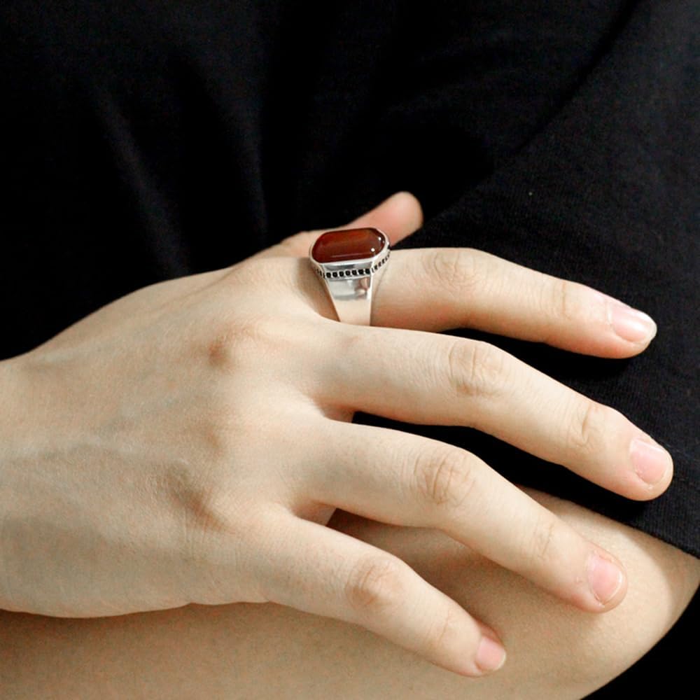 Fashion S925 Silver Ring Simple Smooth Design Men's Ring Set Small Zircon with Natural Curved Black Agate Luxury Türkiye Jewelry Christmas Gift (11, Red)