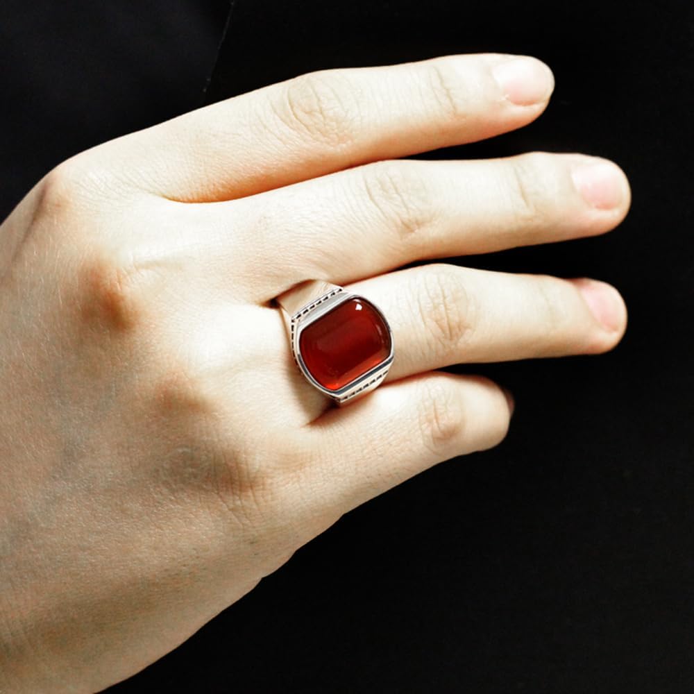 Fashion S925 Silver Ring Simple Smooth Design Men's Ring Set Small Zircon with Natural Curved Black Agate Luxury Türkiye Jewelry Christmas Gift (11, Red)