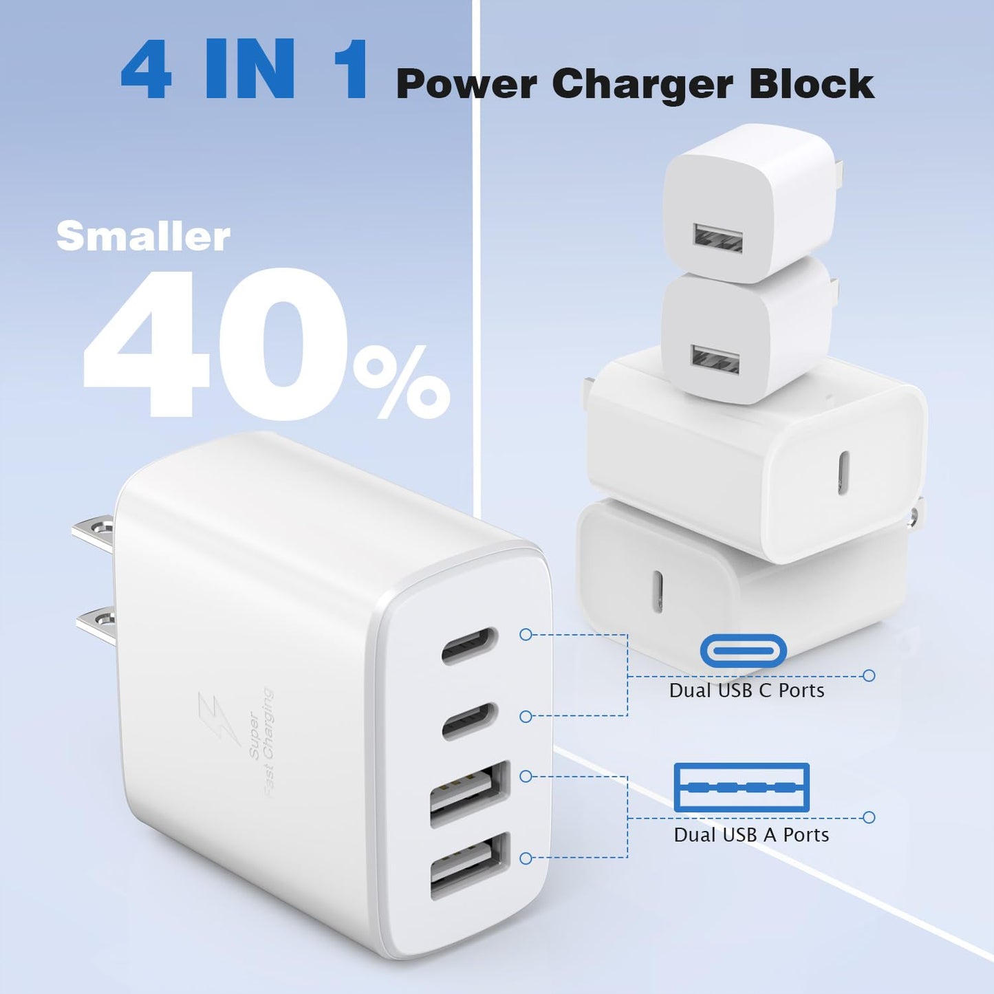 iPhone 16 Charger Cube Block,40W 2Pack 4Port PD USB C Charger Block Power Adapter+QC Wall Charging Plug Fast Charging Cube Multiport Brick for iPhone 16 Pro Max/iPhone 15/14/13/12/iPad Pro/Air/Samsung
