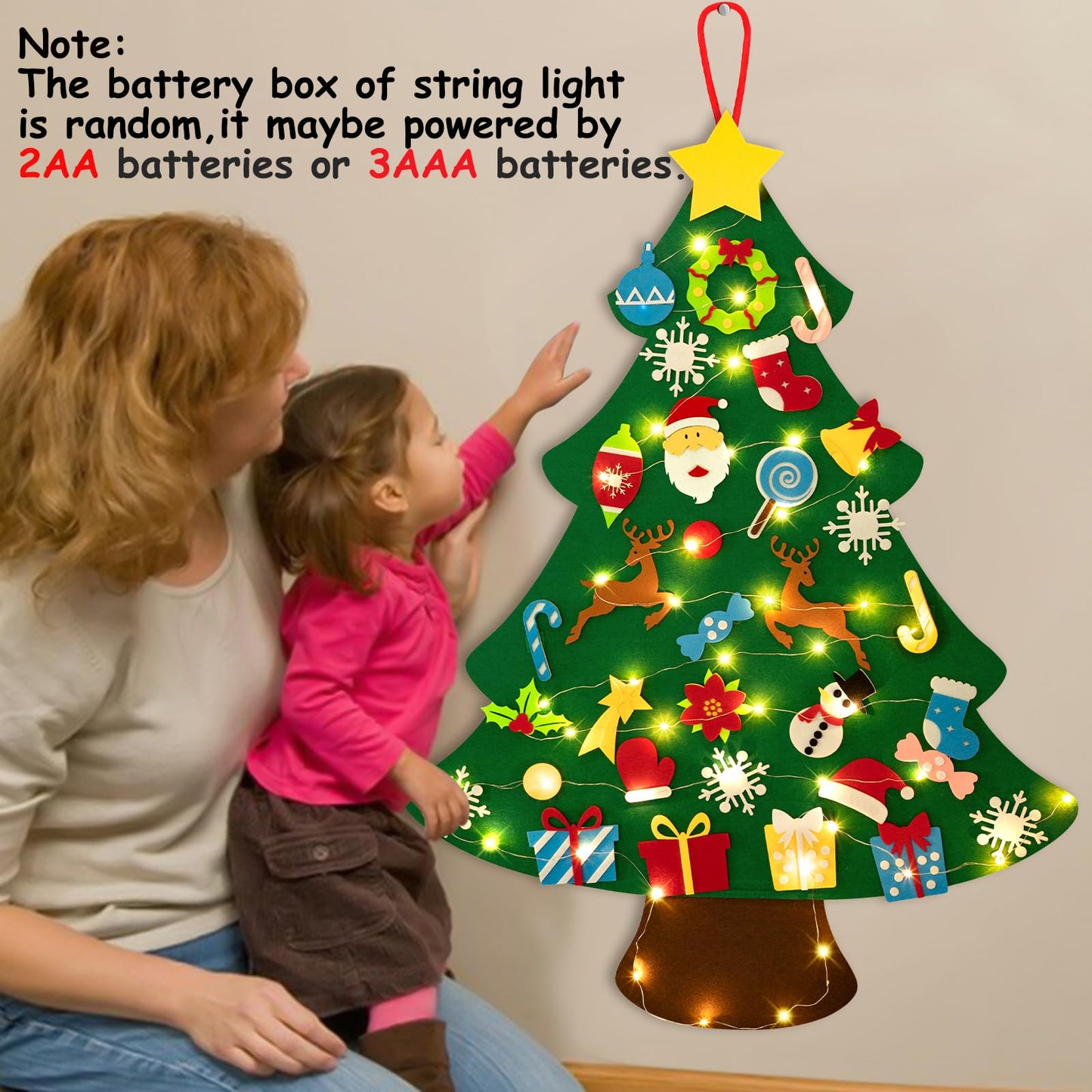 jollylife 3ft DIY Felt Christmas Tree Set + Snowman Advent Calendar - Xmas Decorations Wall Hanging 33 Ornaments Kids Gifts Party Supplies