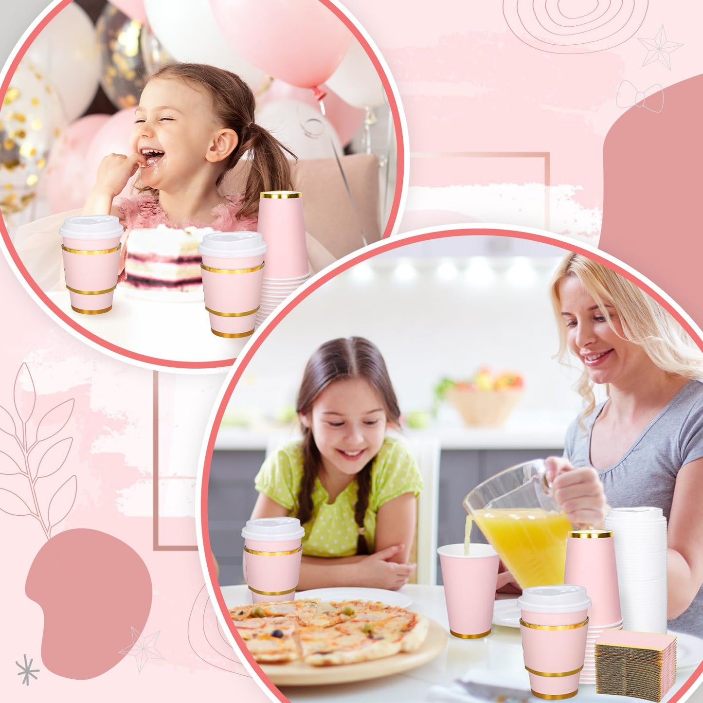 JarThenaAMCS 50Pcs Light Pink Disposable Coffee Cups with Lids and Sleeves 12Oz Foil Gold Border Pink Party Paper Tableware for Wedding Holiday Picnic Birthday Party Bridal Favor Coffee Beverage Tea